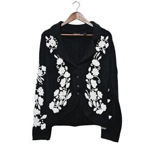 Moda International Cardigan Sweater Black Chunky Embroidered Size L Granny